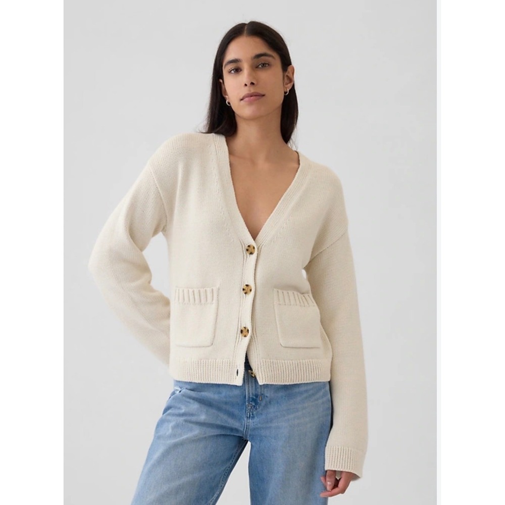 Gap Womens Shaker Stitch Cotton Cardigan Sweater Cream Off White Medium V-Neck